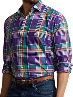 Polo Ralph Lauren Oxford Shirt Mens Purple Plaid Long Sleeve Button Up Sz M
